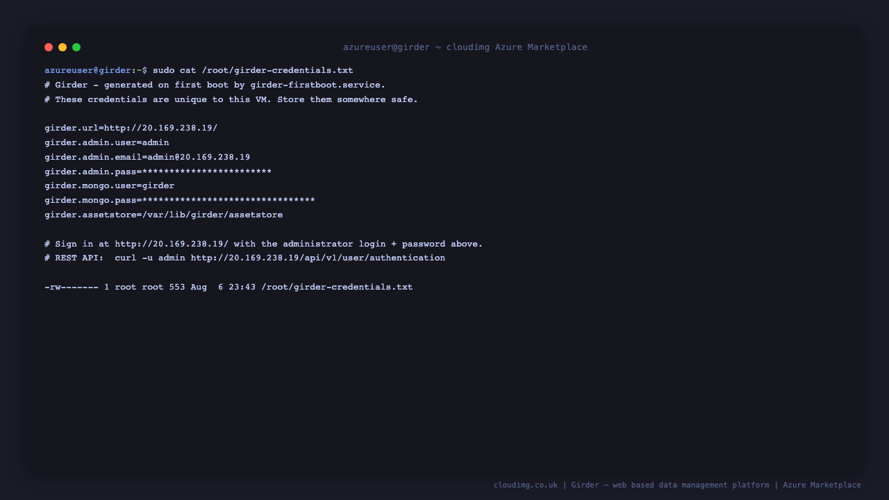 Per-VM credentials generated on first boot, in a root-only file