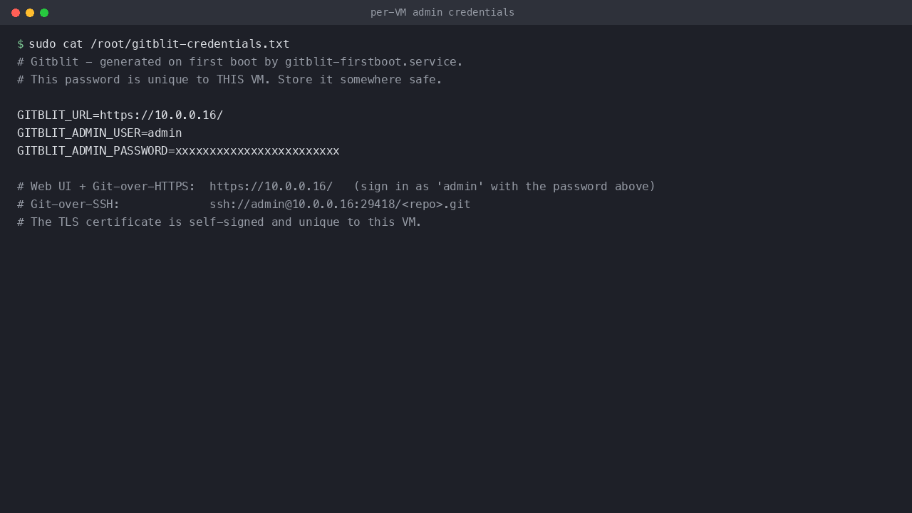 The per-VM admin credentials file (password redacted)
