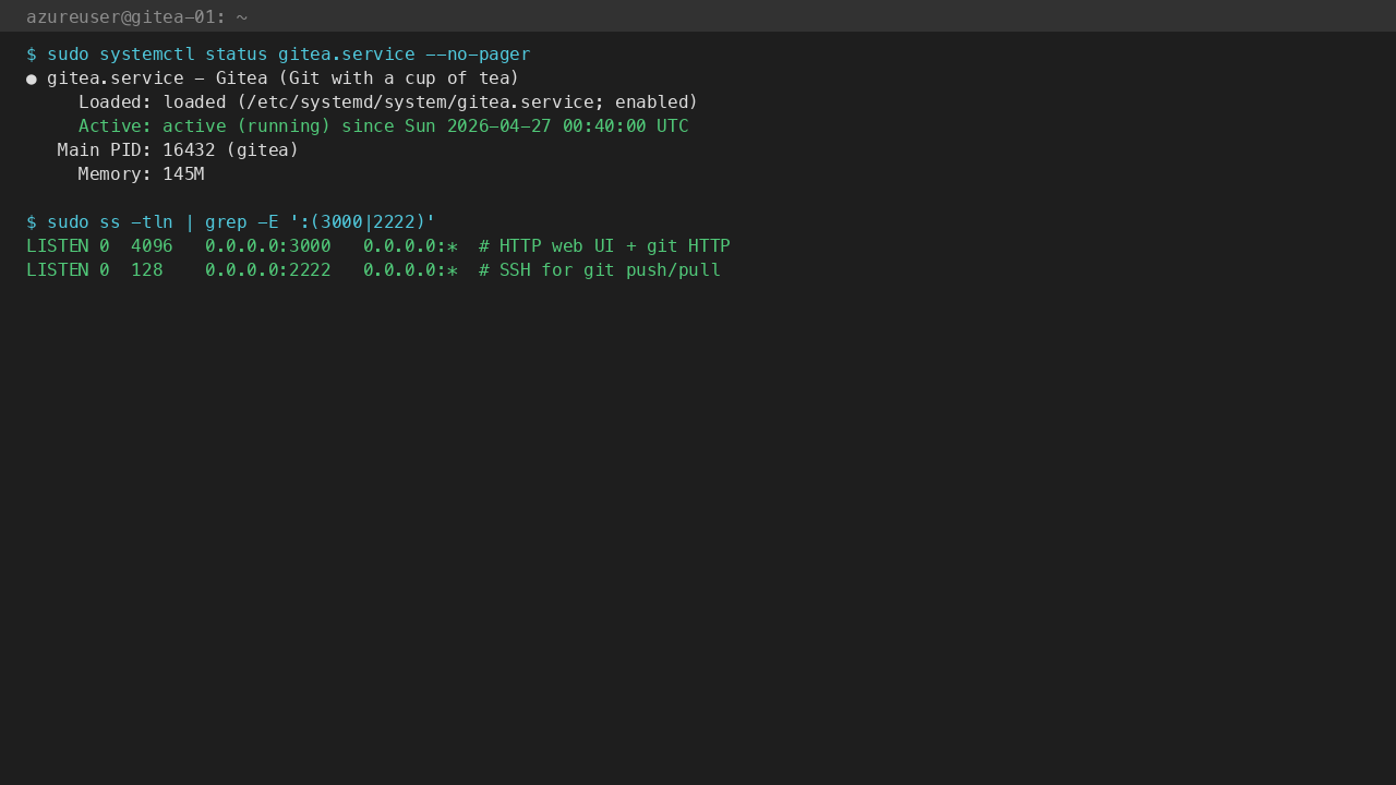 gitea.service active (running) with HTTP 3000 and git SSH 2222 listeners bound