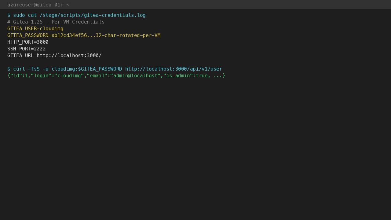 /stage/scripts/gitea-credentials.log shows per-VM cloudimg admin password; API /user returns is_admin:true
