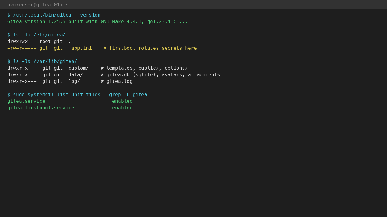 Gitea binary 1.25.5; /etc/gitea/app.ini owned by git:git for JWT auto-rotation; /var/lib/gitea data/log/custom dirs