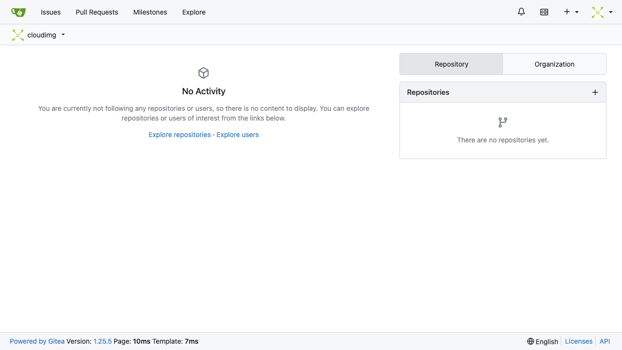Gitea dashboard after signing in as cloudimg admin user — activity feed, Repositories panel, Organizations panel