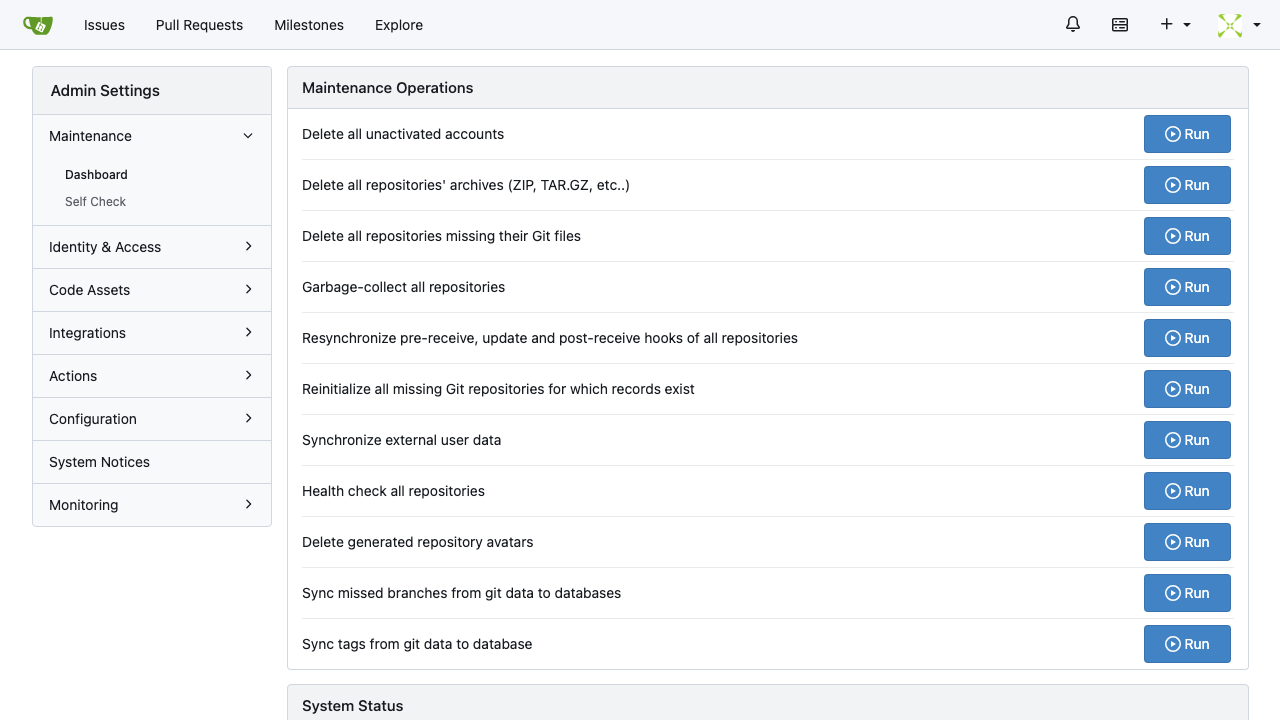 Gitea Site Administration dashboard showing server statistics, user count, repo count, and admin actions