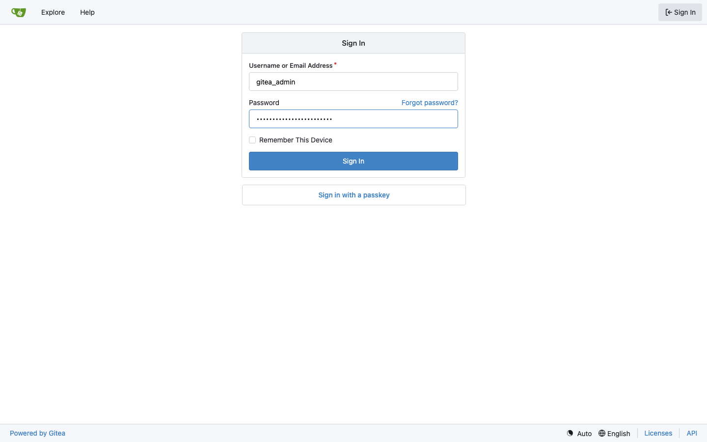 The Gitea sign in form with the gitea_admin user name and a masked password filled in
