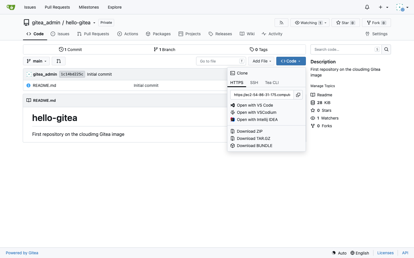 A new Gitea repository page with its README and the Code menu open showing the HTTPS clone URL and the SSH and Tea CLI tabs