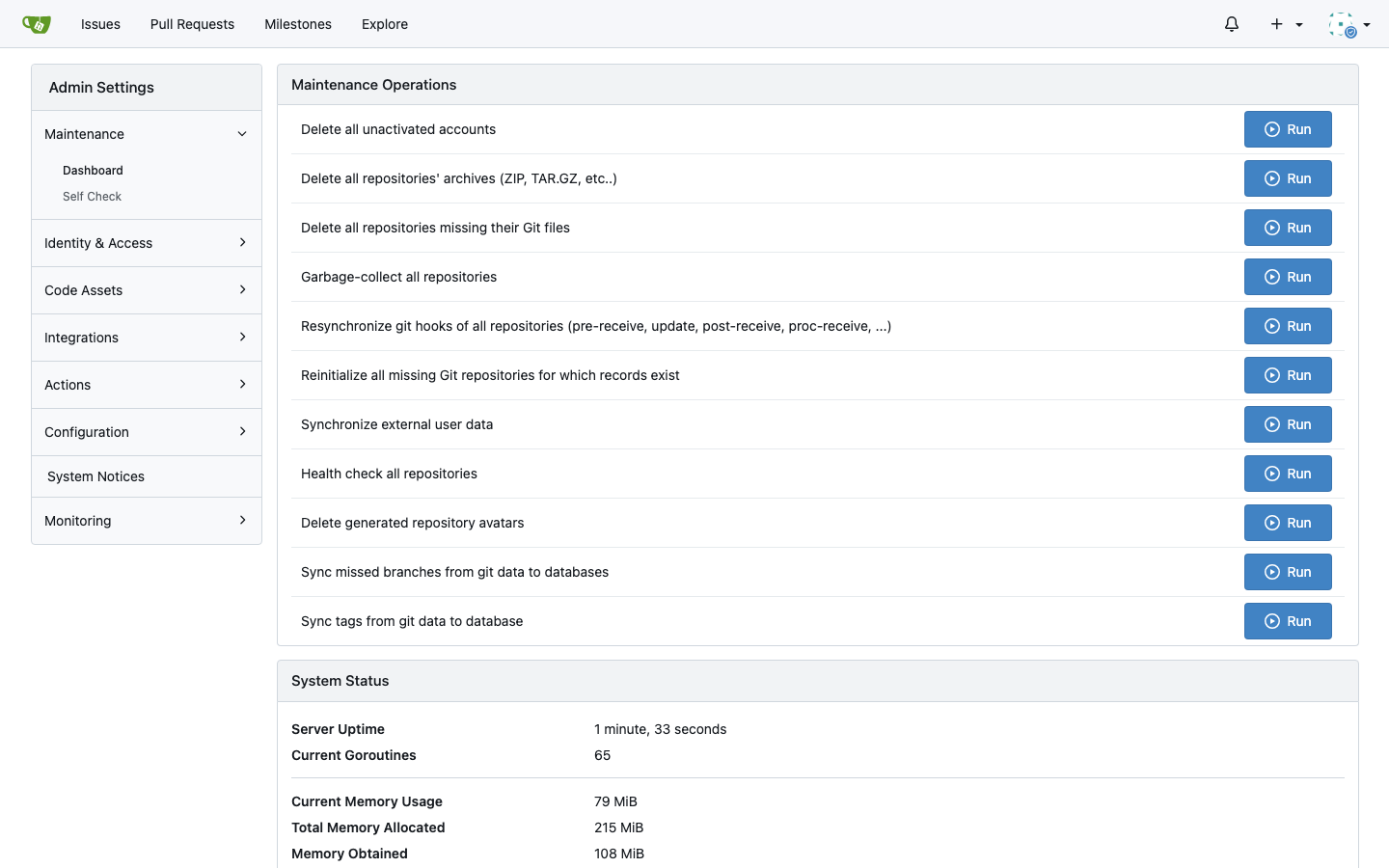 The Gitea Site Administration dashboard listing maintenance operations and the system status