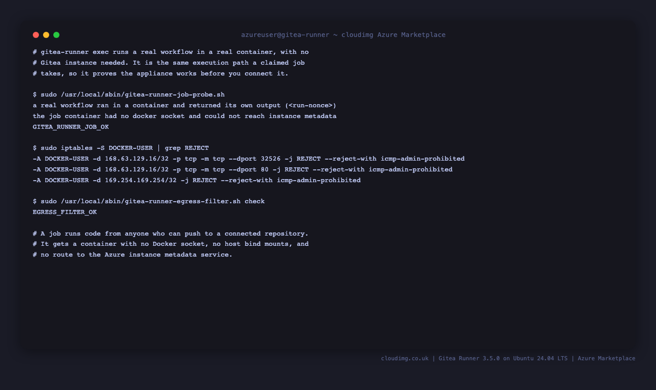A real workflow job running in a container, with the sandbox around it proven