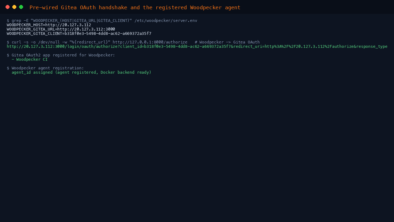 Pre-wired Gitea OAuth handshake and the registered Woodpecker agent