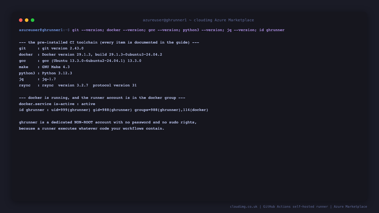 git, docker, gcc, python3, jq and rsync each report their installed version, confirming the pre installed continuous integration toolchain advertised in the guide is present on the image and ready for workflow jobs