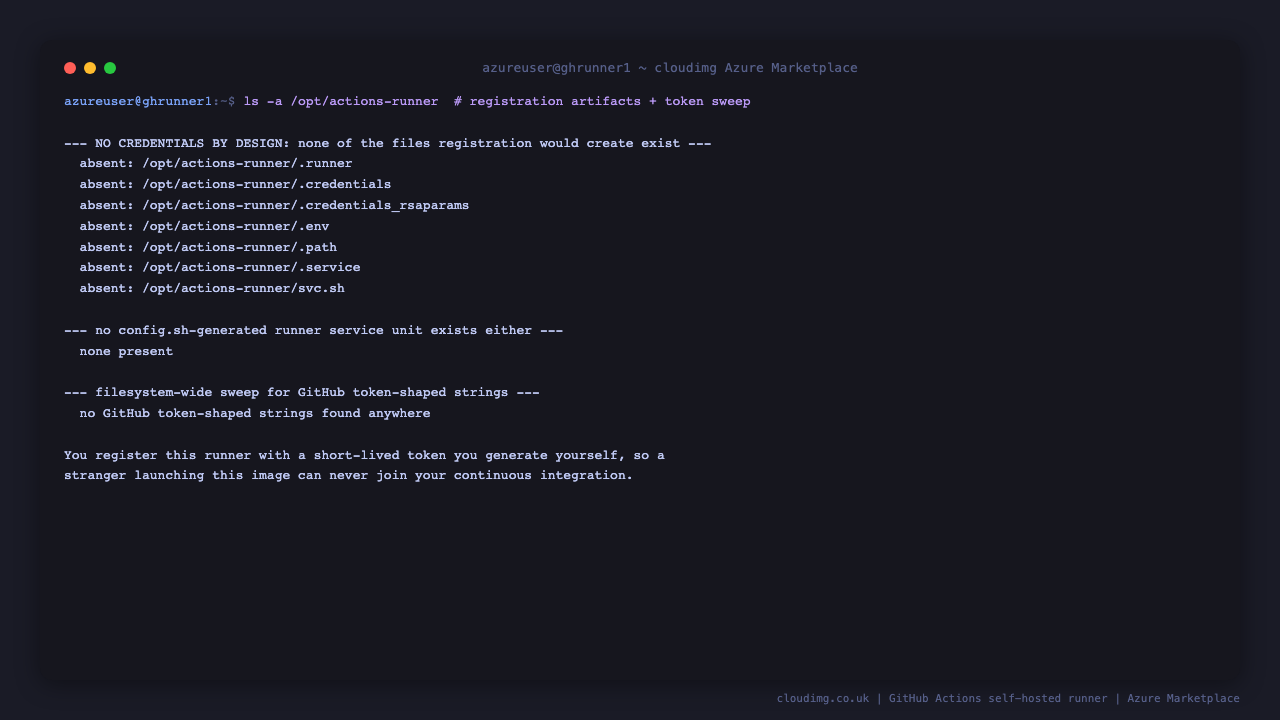 listing the runner directory shows none of the registration artifacts dot runner, dot credentials, dot env or dot path exist, and no generated actions dot runner service units are present, confirming the image ships completely unregistered with no GitHub credentials