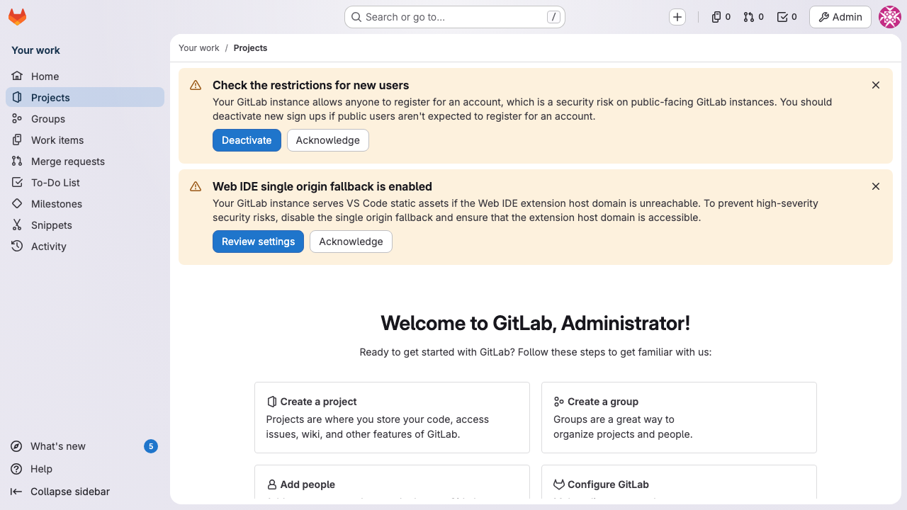 GitLab dashboard for the root administrator