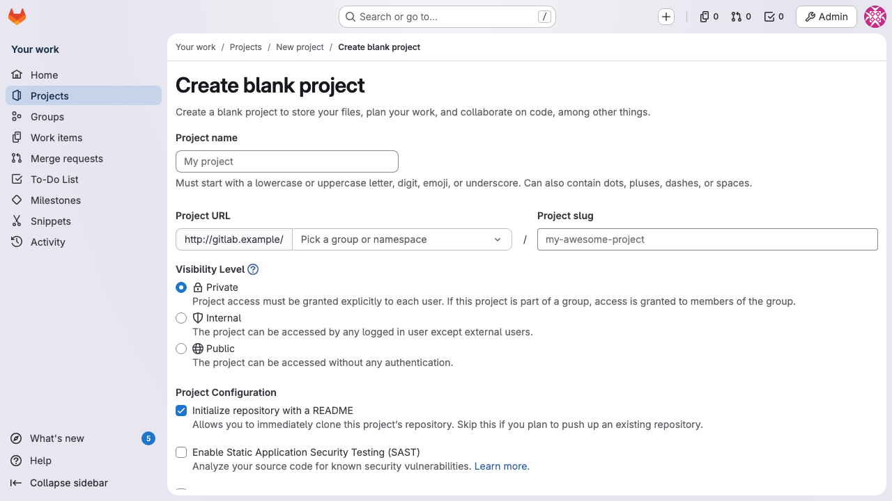 GitLab create blank project form
