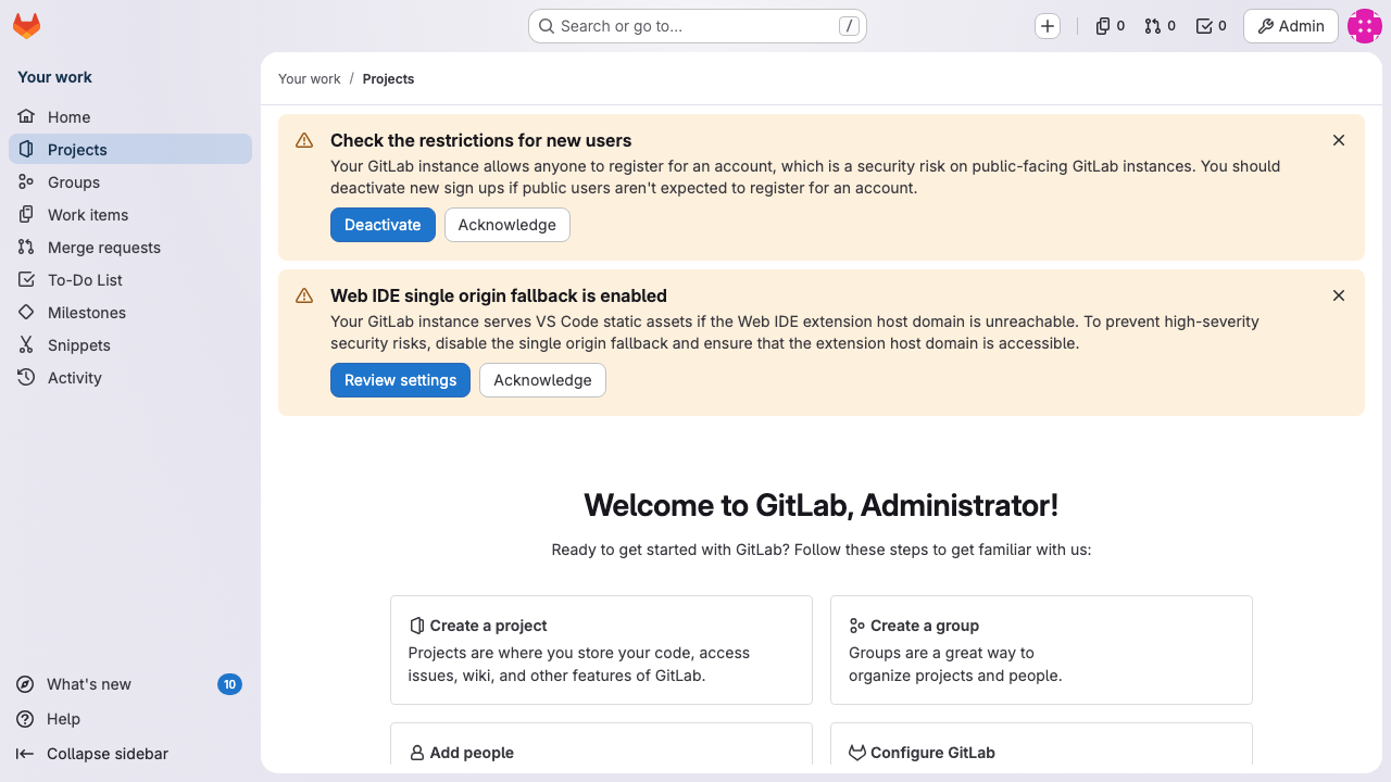 GitLab 18.11 welcome / projects view