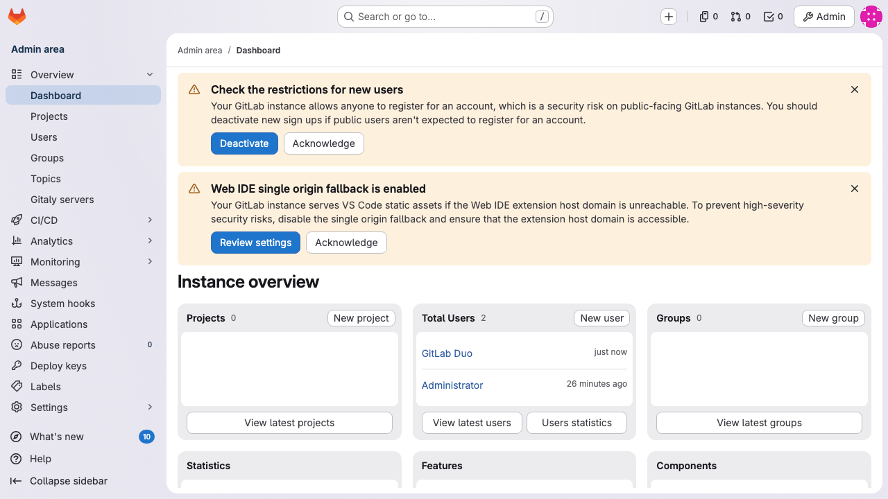 GitLab 18.11 admin overview at /admin
