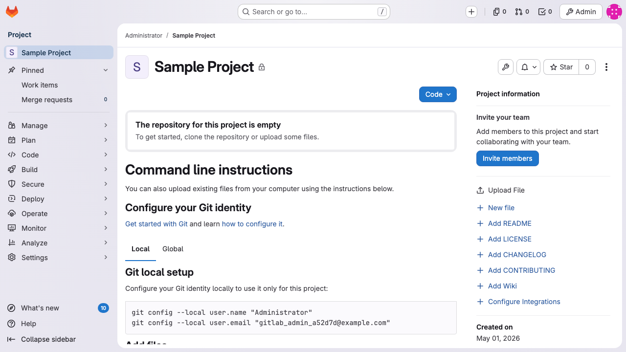 GitLab 18.11 sample project view with the SSH/HTTPS clone URLs