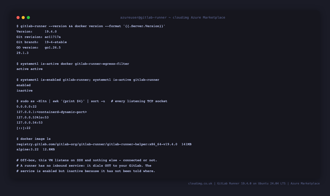 The GitLab Runner stack, its pinned versions, and every listening socket on the VM