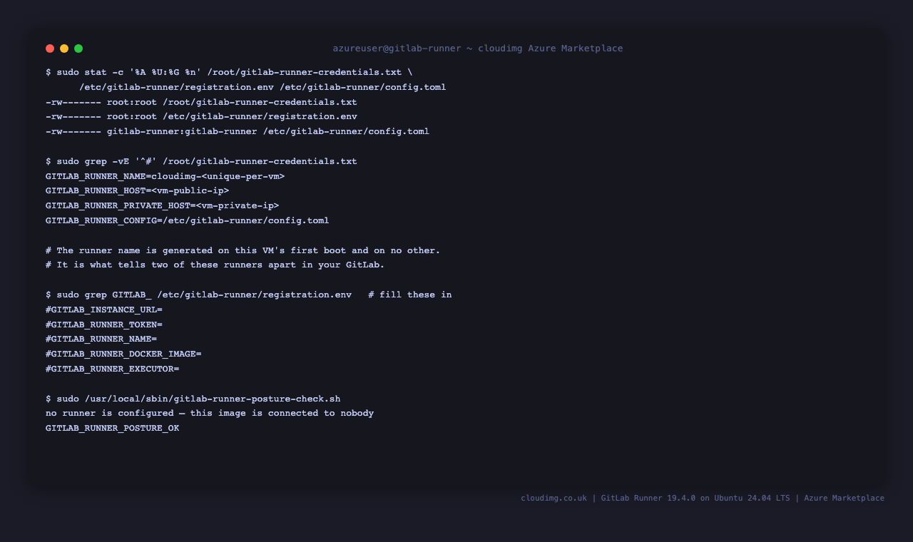The per-VM runner identity, the single file you fill in, and the job sandbox
