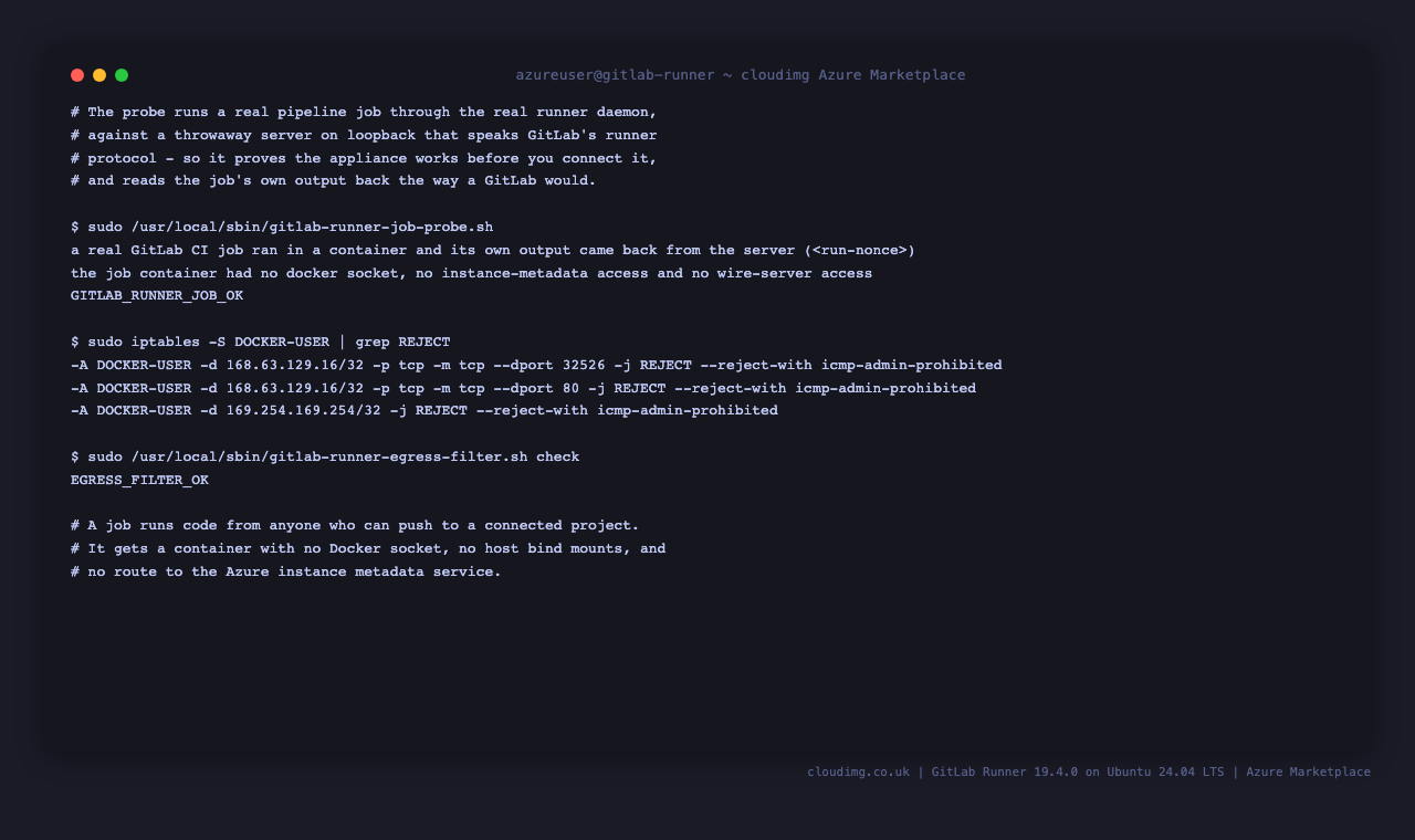 A real pipeline job running in a container, with the sandbox around it proven