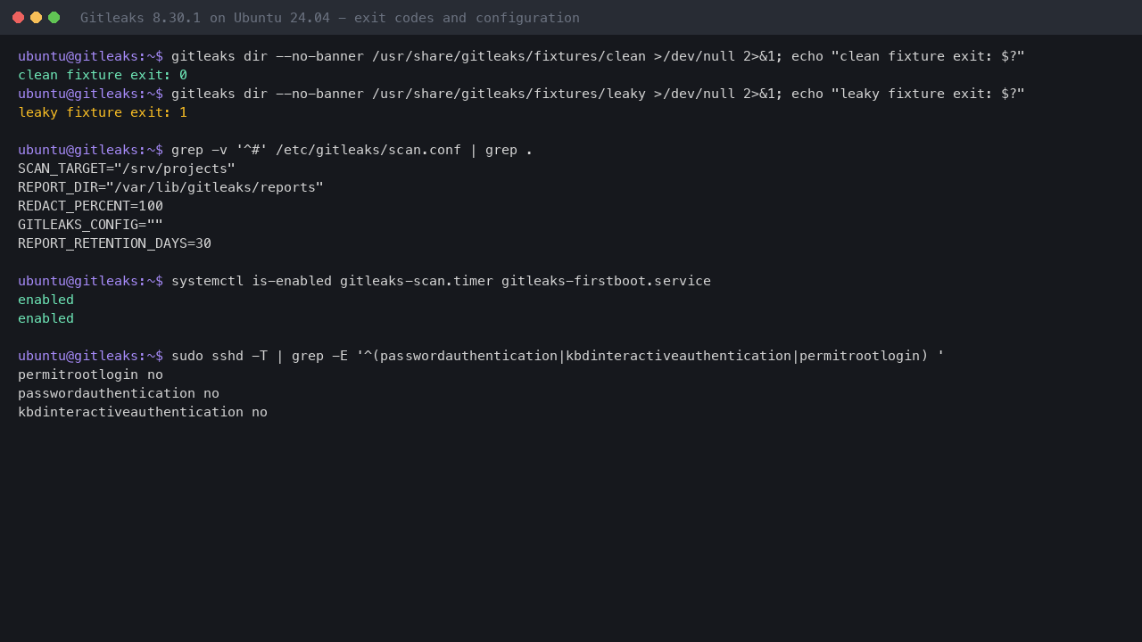 Exit codes for a clean and a leaky scan, and the scheduled scan configuration