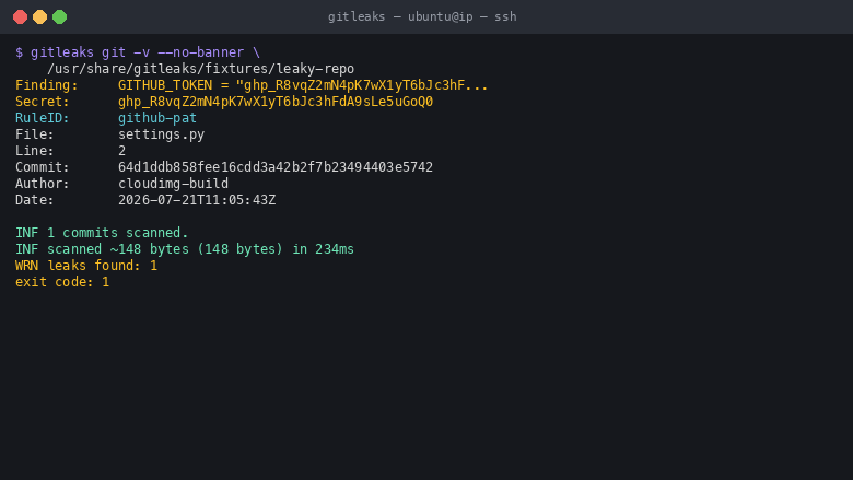 Gitleaks scanning a git repository's full commit history