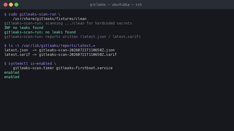 Scheduled scan writing JSON and SARIF reports, with the timer and firstboot unit enabled