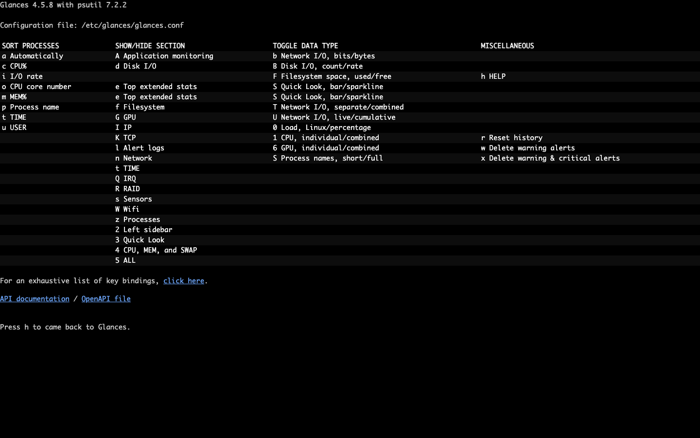 The Glances help screen listing the keyboard shortcuts