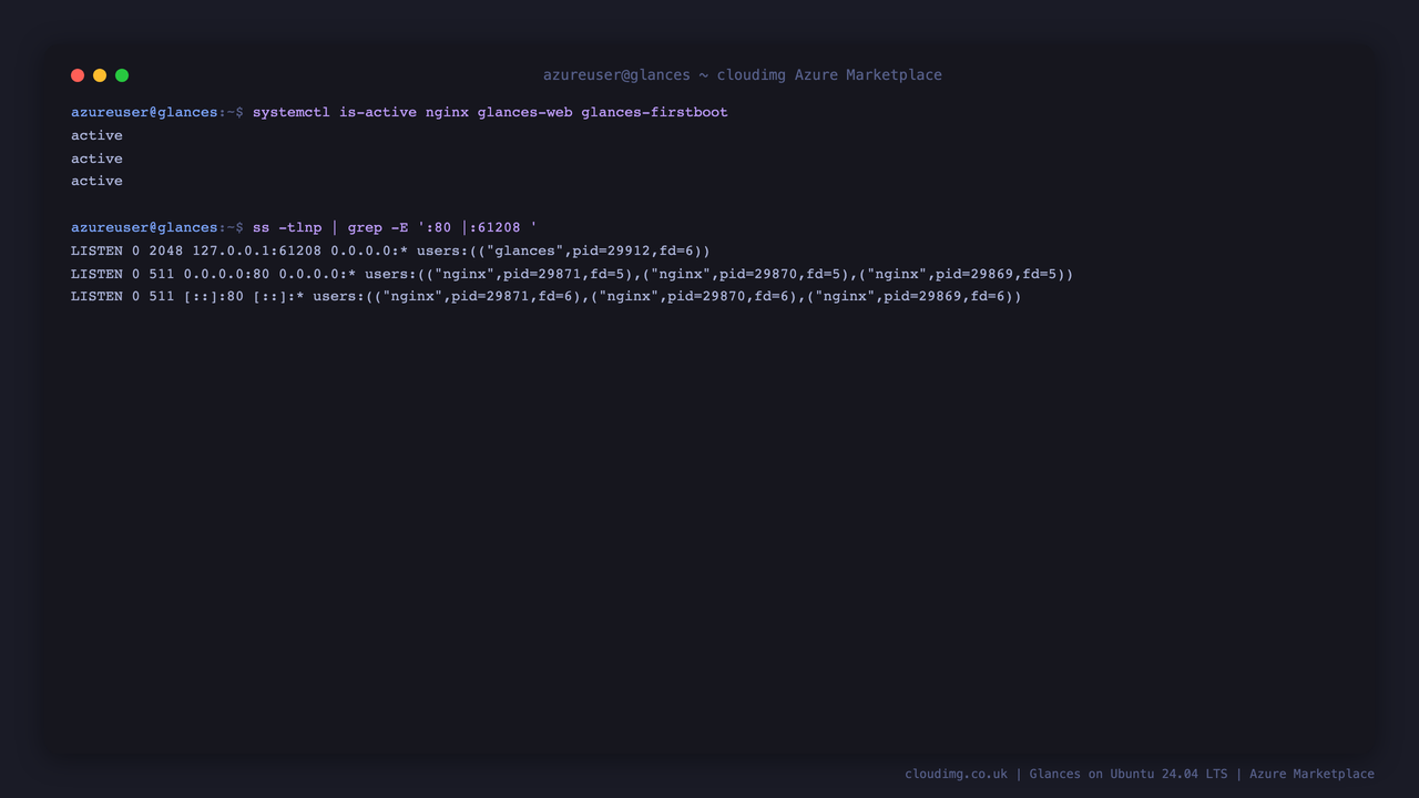 nginx and glances-web both active, with nginx listening on port 80 and Glances bound to loopback 61208