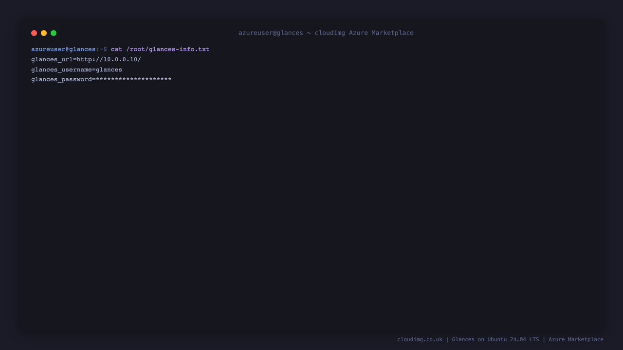 The per instance Glances access note recording the URL, the username and the generated password