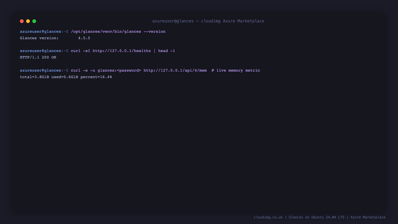 The Glances version, the healthz probe returning 200, and a live memory metric from the REST API