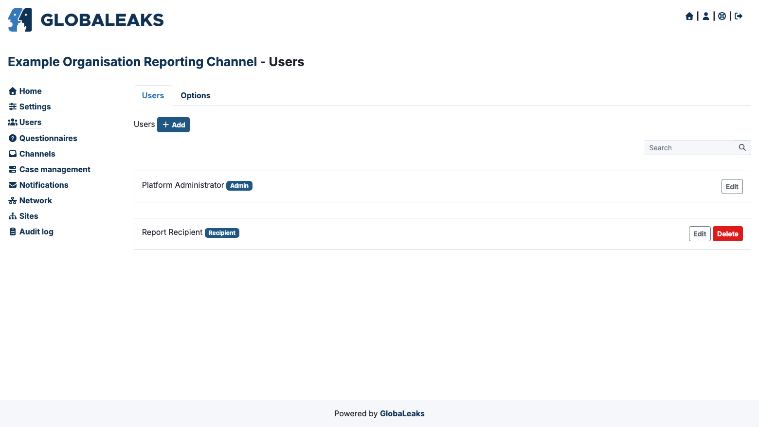 Role separated accounts in the GlobaLeaks user list