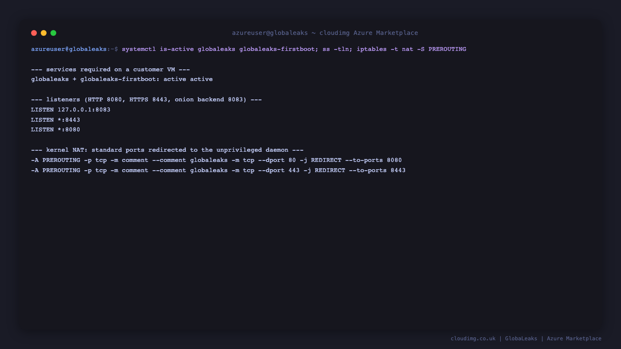 The globaleaks and globaleaks-firstboot services active, the platform listening on ports 8443 and 8080, and the kernel NAT rules redirecting the standard ports 443 and 80 onto the unprivileged daemon