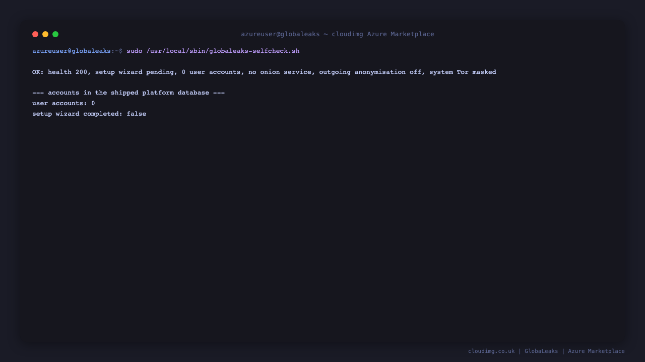 The GlobaLeaks appliance self check reporting health 200, setup wizard pending, zero user accounts, no onion service, outgoing anonymisation off and the system Tor daemon masked