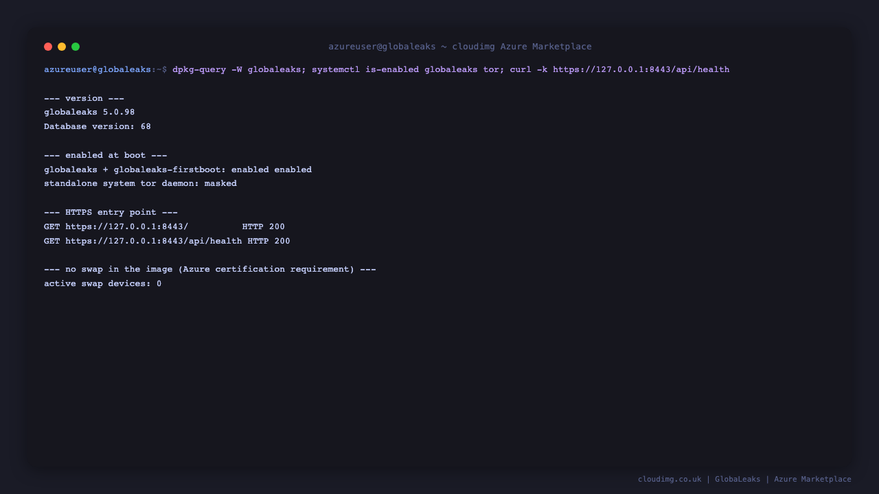 The GlobaLeaks 5.0.98 version and database version, both systemd units enabled at boot with the standalone system Tor daemon masked, the HTTPS entry point and health endpoint both returning HTTP 200, and no swap devices in the image