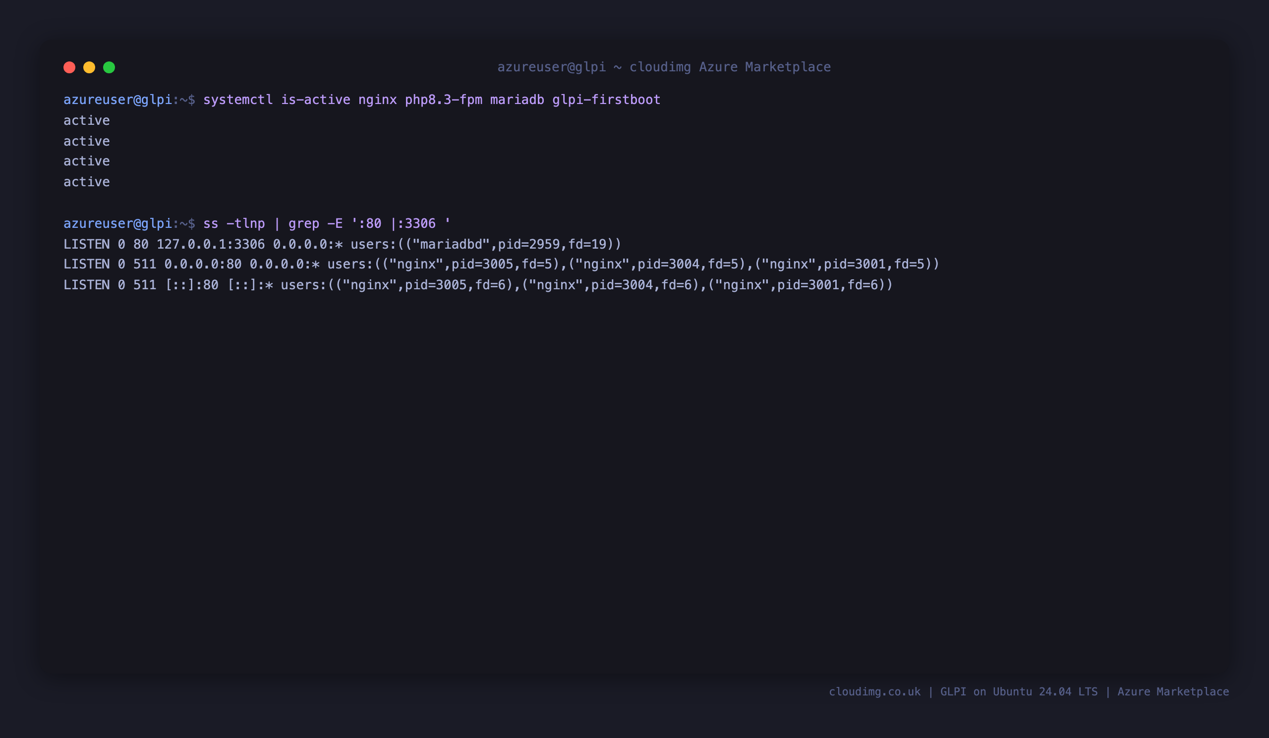 The nginx, php8.3-fpm, mariadb and glpi-firstboot services active, with nginx on port 80 and MariaDB bound to loopback 127.0.0.1:3306