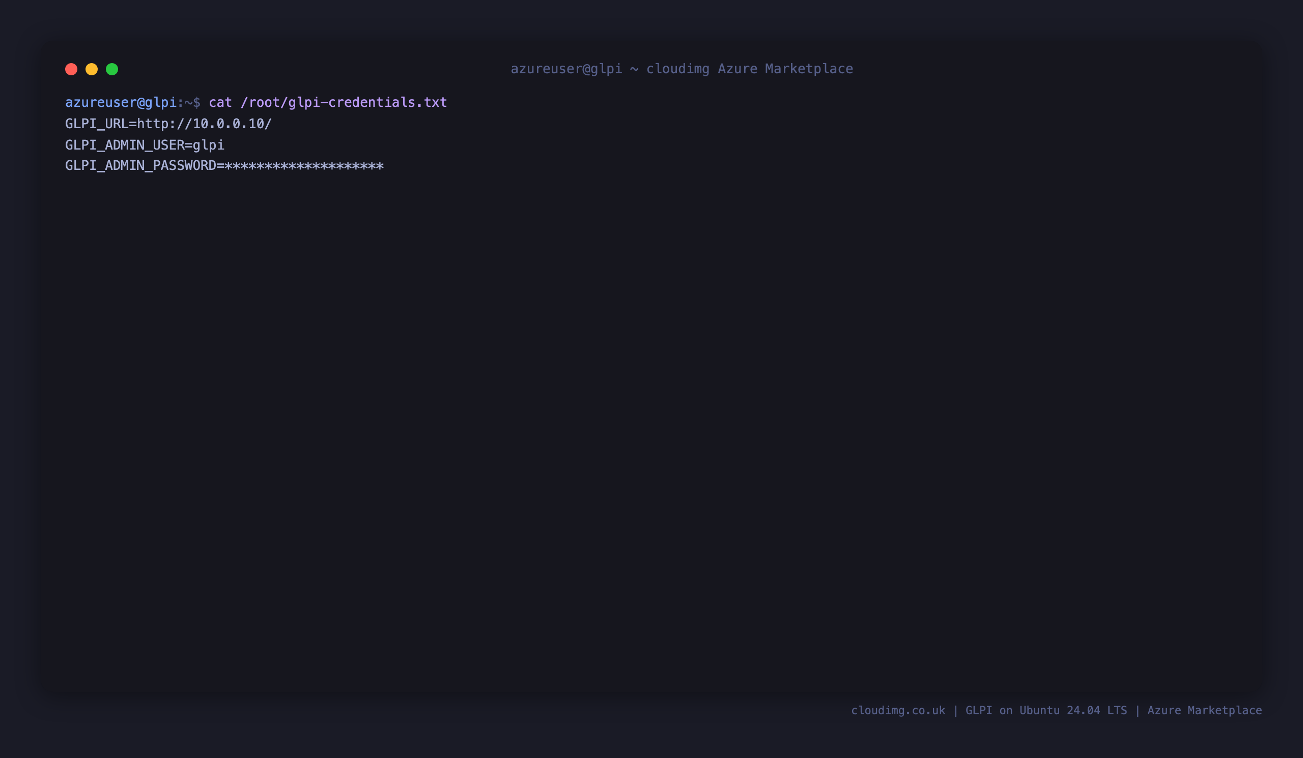 The per VM GLPI credentials file, showing the login user glpi, the generated password and the GLPI URL