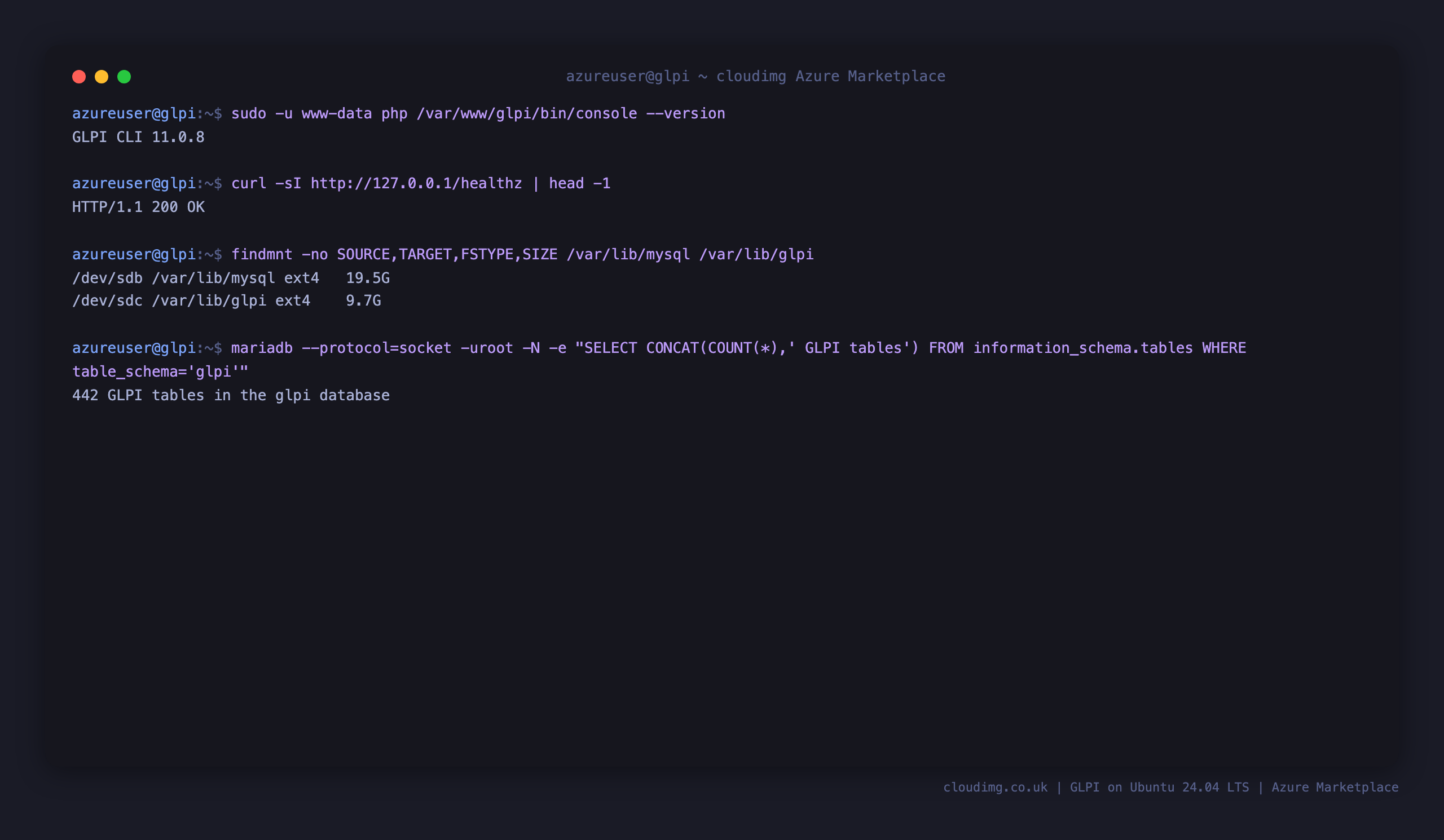 The GLPI 11.0.8 version, the healthz endpoint returning 200, the two ext4 data disks mounted at /var/lib/mysql and /var/lib/glpi, and the GLPI table count