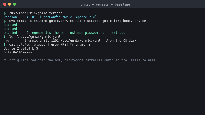 Terminal showing the gNMIc binary version, the first boot service, the collector config on the OS disk and a clean OS security baseline