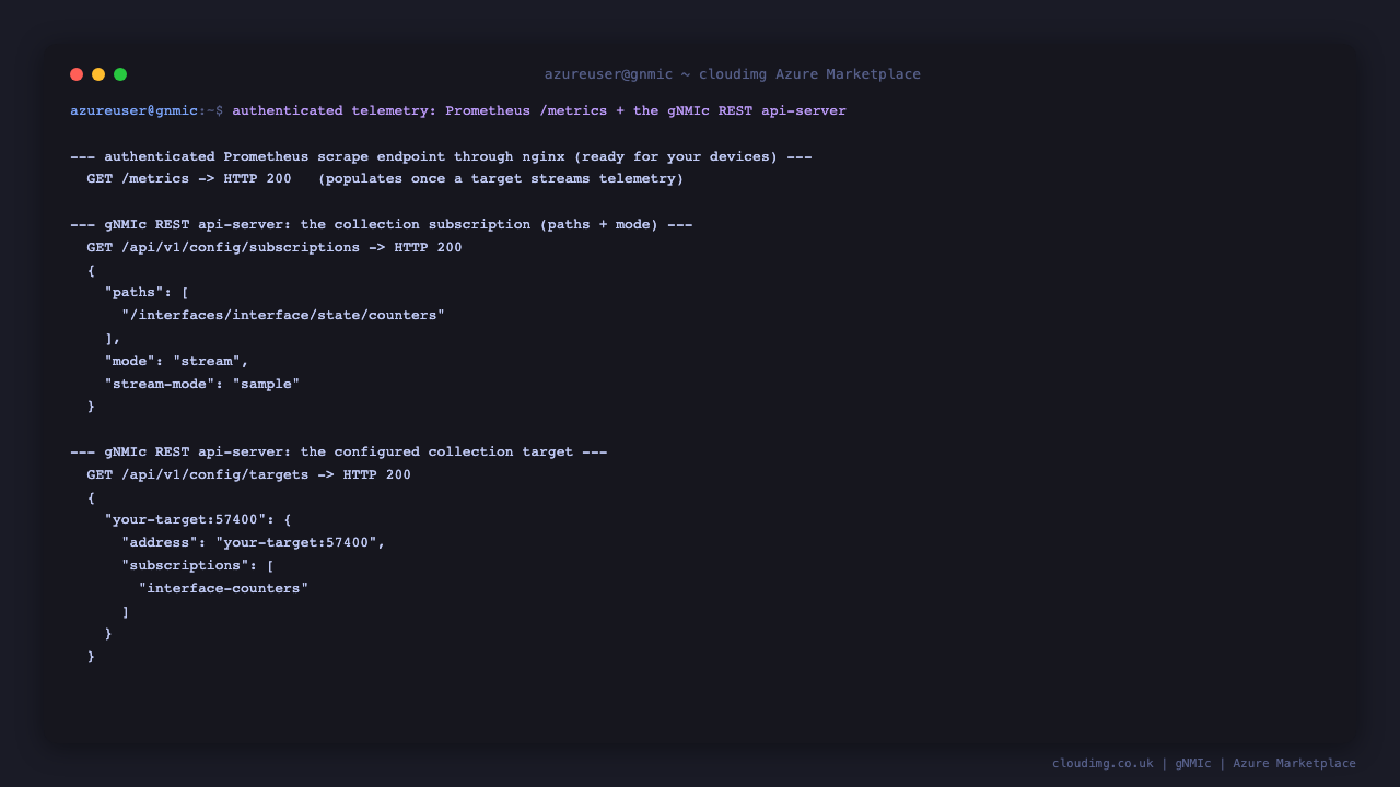 Terminal showing the authenticated Prometheus metrics endpoint returning HTTP 200 and the gNMIc api-server returning the configured subscription and target as JSON