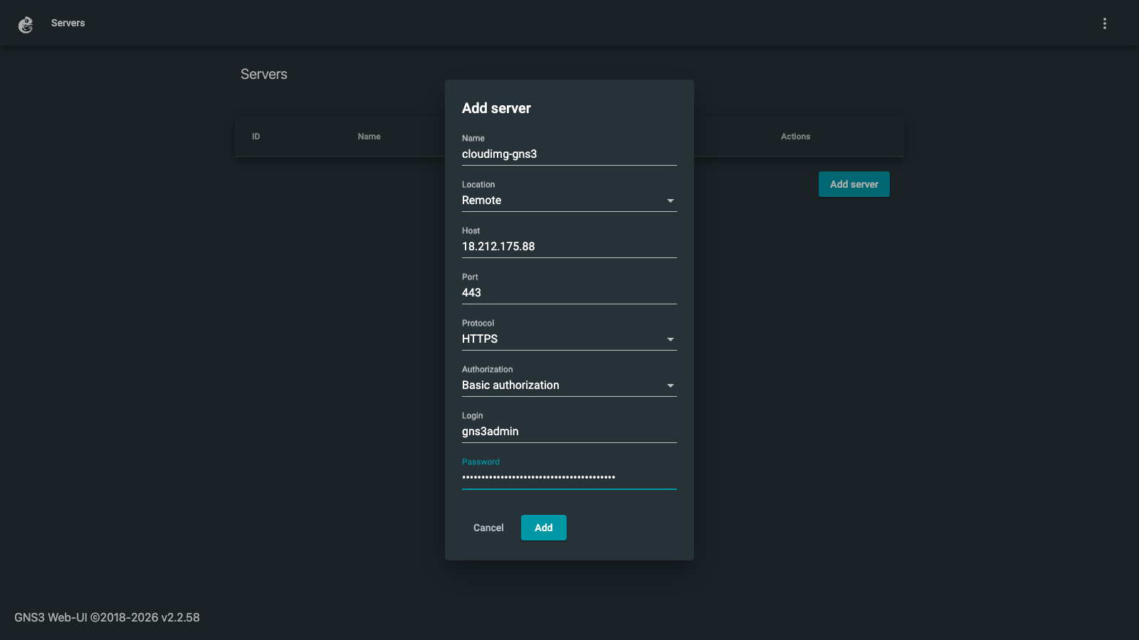 Adding this server in the GNS3 Web UI, using HTTPS on port 443 with basic authorization
