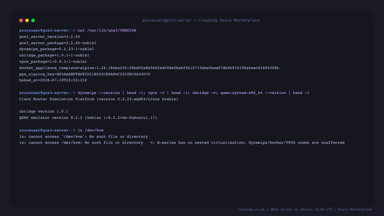 The /var/lib/gns3/VERSION file listing the pinned GNS3 server, dynamips, ubridge and vpcs package versions, the alpine appliance template digest and the verified PPA signing key, followed by the reported emulator versions and the /dev/kvm check