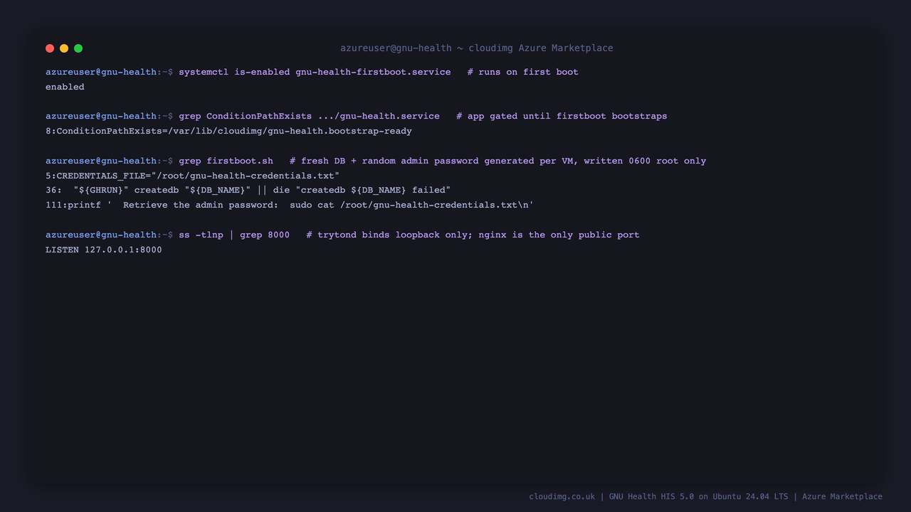 The first-boot init service enabled, the application gated on a bootstrap marker until the fresh database and per-VM admin password are created, and trytond bound to loopback only