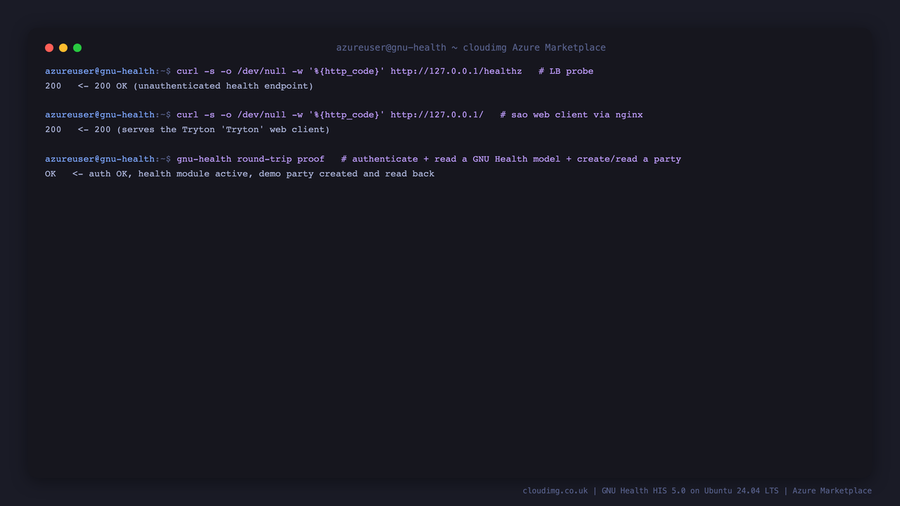 The web client returning 200, the health endpoint returning 200 unauthenticated, and the full per-VM login and GNU Health round-trip proof passing