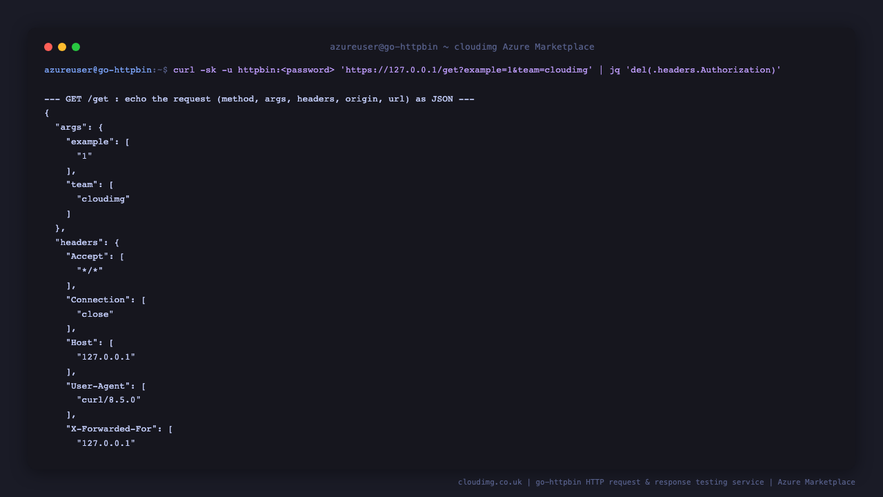 the GET /get response echoing the request as JSON, showing the query arguments example and team and the request headers, with the Authorization header removed