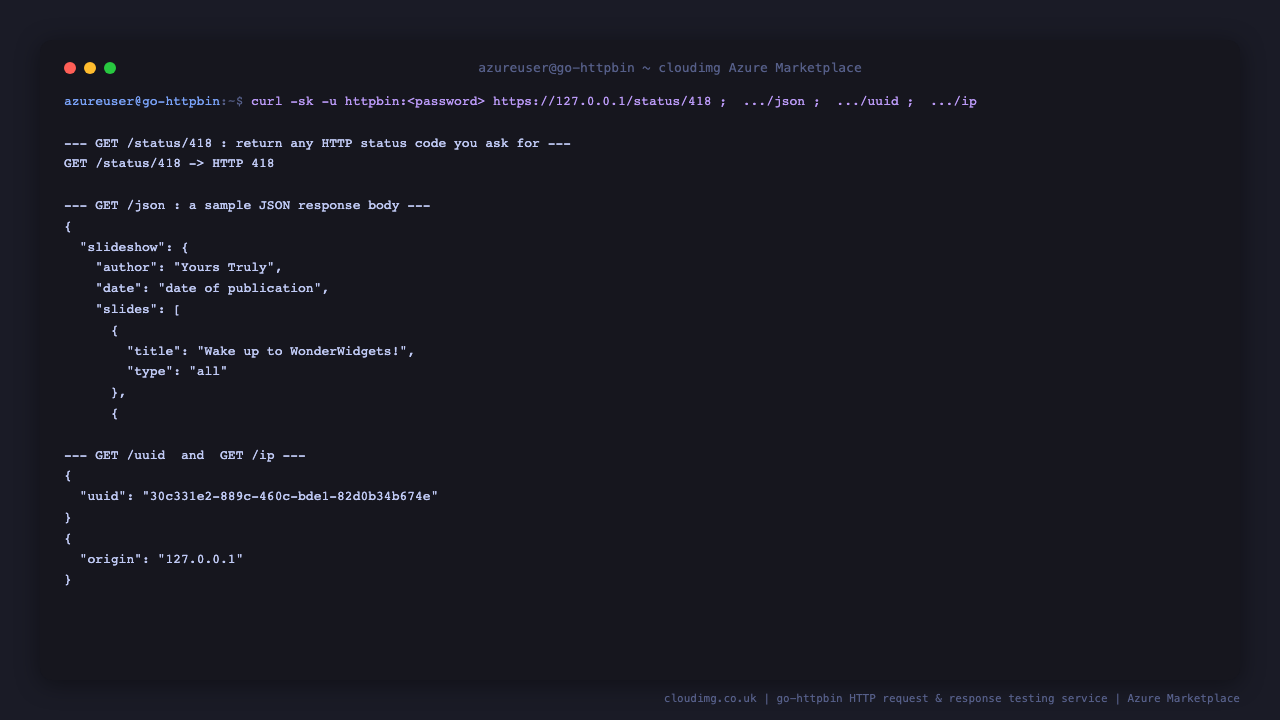 the GET /status/418 request returning HTTP 418, the GET /json sample slideshow response body, and the GET /uuid and GET /ip responses