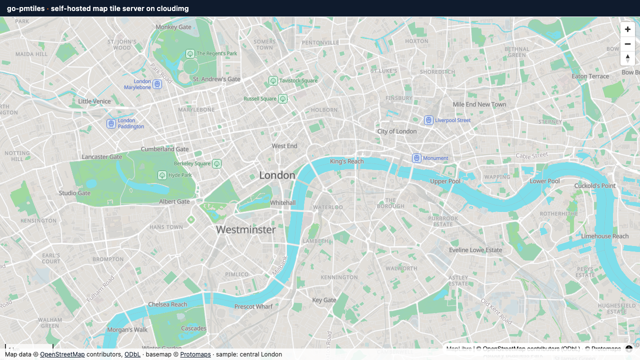 The bundled MapLibre web viewer rendering the central London OpenStreetMap basemap served by go-pmtiles