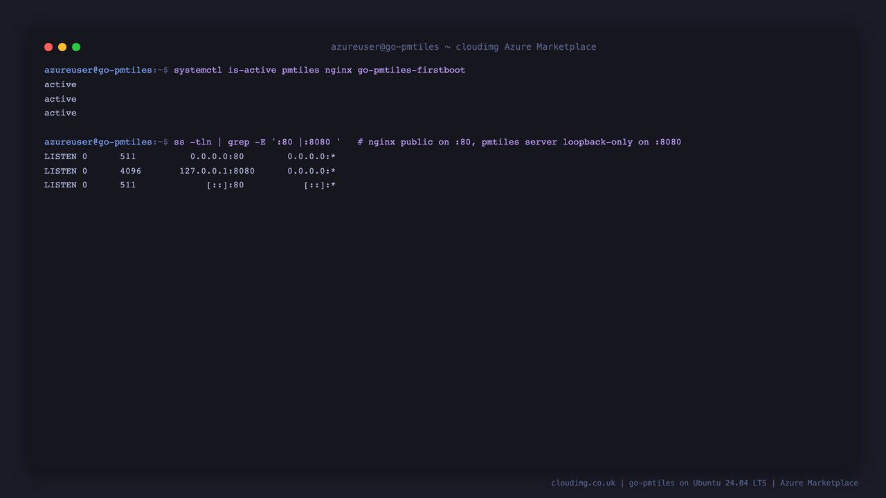 The two systemd services active and the go-pmtiles server bound to loopback only