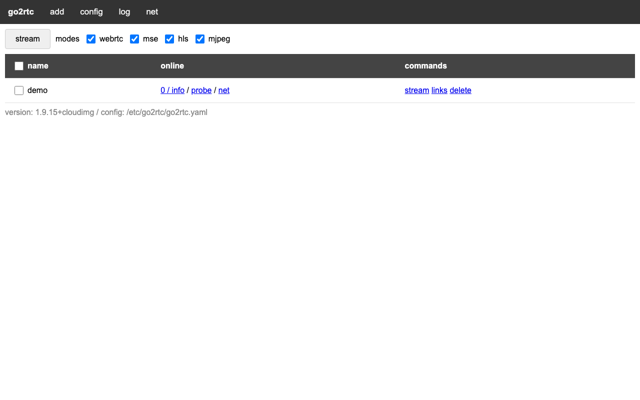 The go2rtc dashboard served over HTTPS, listing the demo test-pattern stream with its links