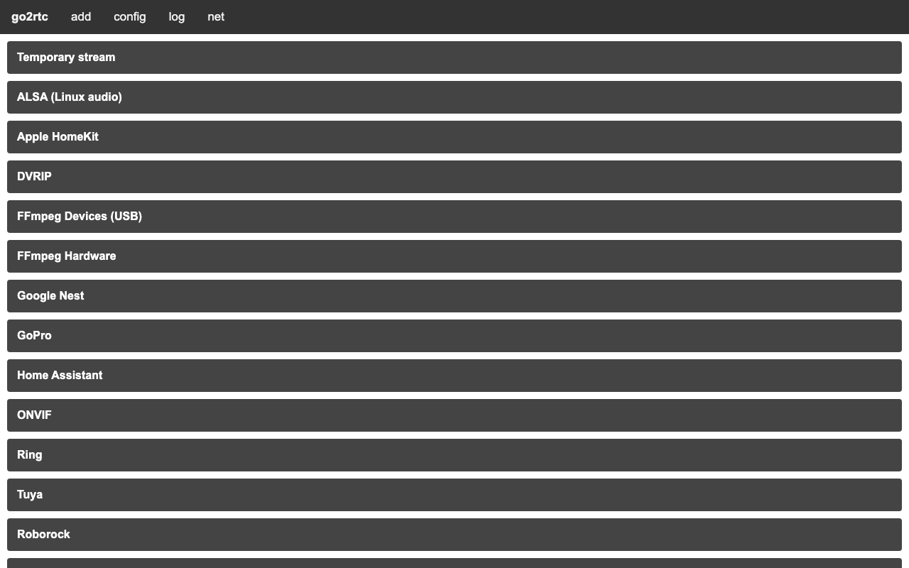 The go2rtc add page, where a stream can be added from a camera URL or one of the supported camera types