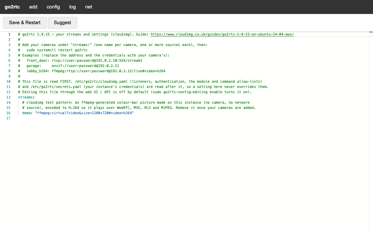 The go2rtc Config page showing your go2rtc.yaml read-only, with configuration editing through the API off