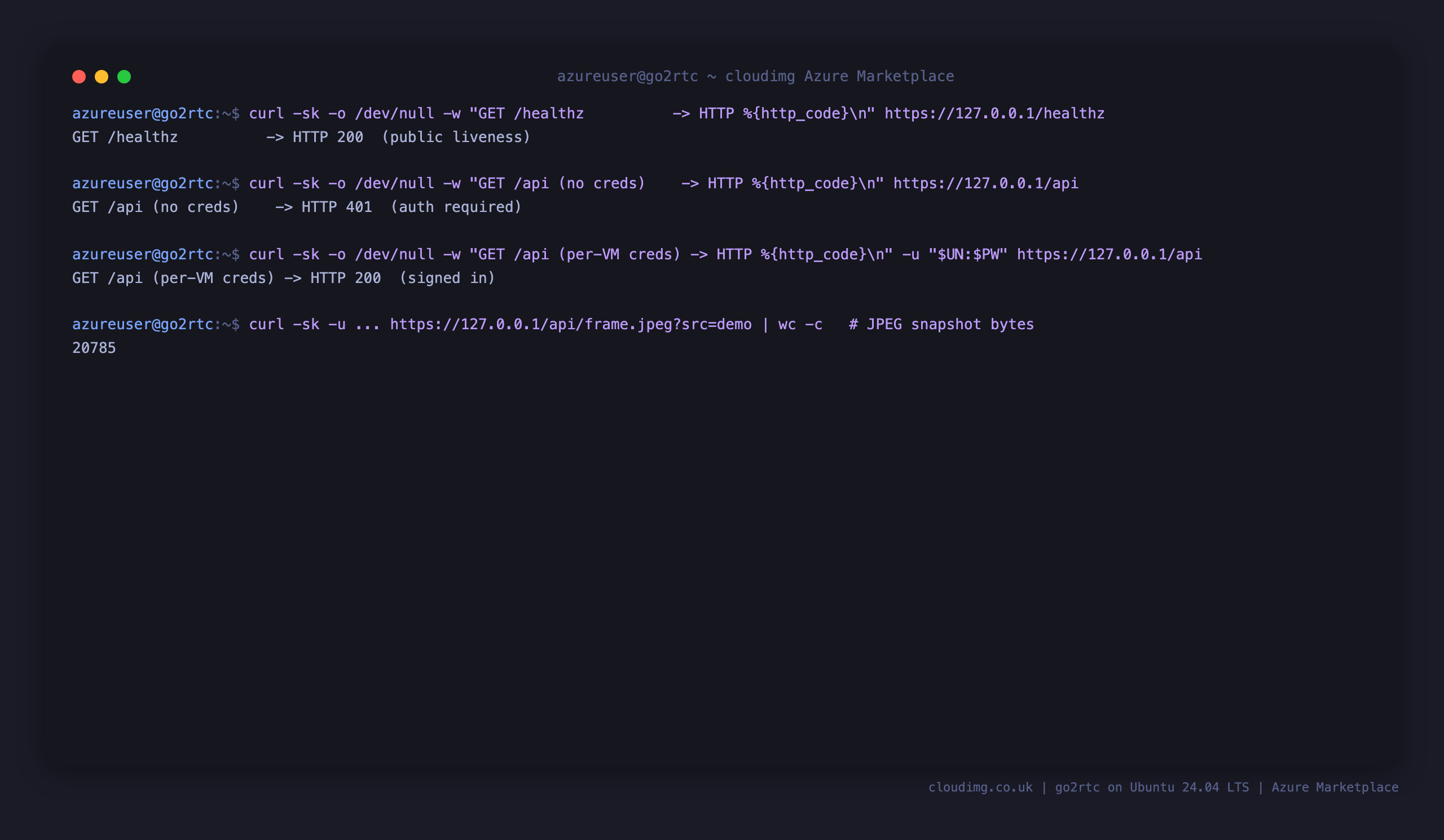 The auth round-trip over TLS: the health endpoint returns 200, the API returns 401 without credentials and 200 with the per VM credentials, and a JPEG snapshot is retrieved from the demo stream
